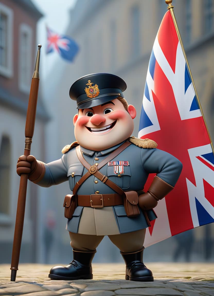  smiling great britain guard holds united kingdom flag, drawn cartoon, light background hyperrealistic, full body, detailed clothing, highly detailed, cinematic lighting, stunningly beautiful, intricate, sharp focus, f/1. 8, 85mm, (centered image composition), (professionally color graded), ((bright soft diffused light)), volumetric fog, trending on instagram, trending on tumblr, HDR 4K, 8K