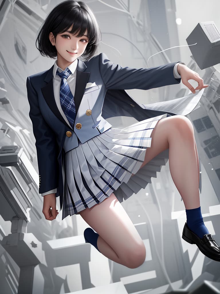  white shirt, tie, uniform, dark blue blazer, plaid pleated , white socks, smiles, beautiful legs, black hair, jumping, masterpiece, best quality,8k,ultra detailed,high resolution,an extremely delicate and beautiful,hyper detail