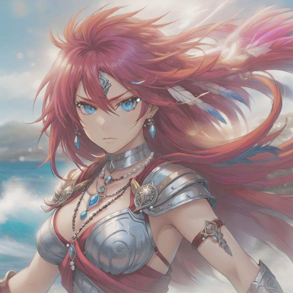  long exposure photo of portrait of strong rage woman valcyria warrior. blue eye. long red hair. tilting head down, magenta mantle, shoulder pad feather, accessory necklace with pearls on the forehead, by the sea . blurred motion, streaks of light, surreal, dreamy, ghosting effect, highly detailed, sticker, hkmagic, perfecteyes