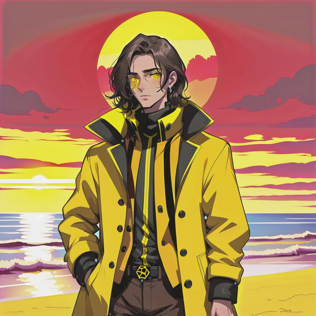  retro cyberpunk a young man stands on the beach. he has long dark brown hair that gently falls on his shoulders, and his face, with jewish and slavic features, exudes calmness, and brown eyes with circles beneath them. he is dressed in a bright yellow coat that immediately attracts attention and contrasts with the surrounding landscape. under the coat is a black shirt, and black pants are additionally decorated with yellow elements, creating a harmonious and stylish image. the sun sets over the horizon, shrouding everything around in warm, red shades, and bright red stripes along with soft light gently touch his face, emphasizing his features and creating a magical atmosphere. this moment stops in time, capturing the beauty of nature and th