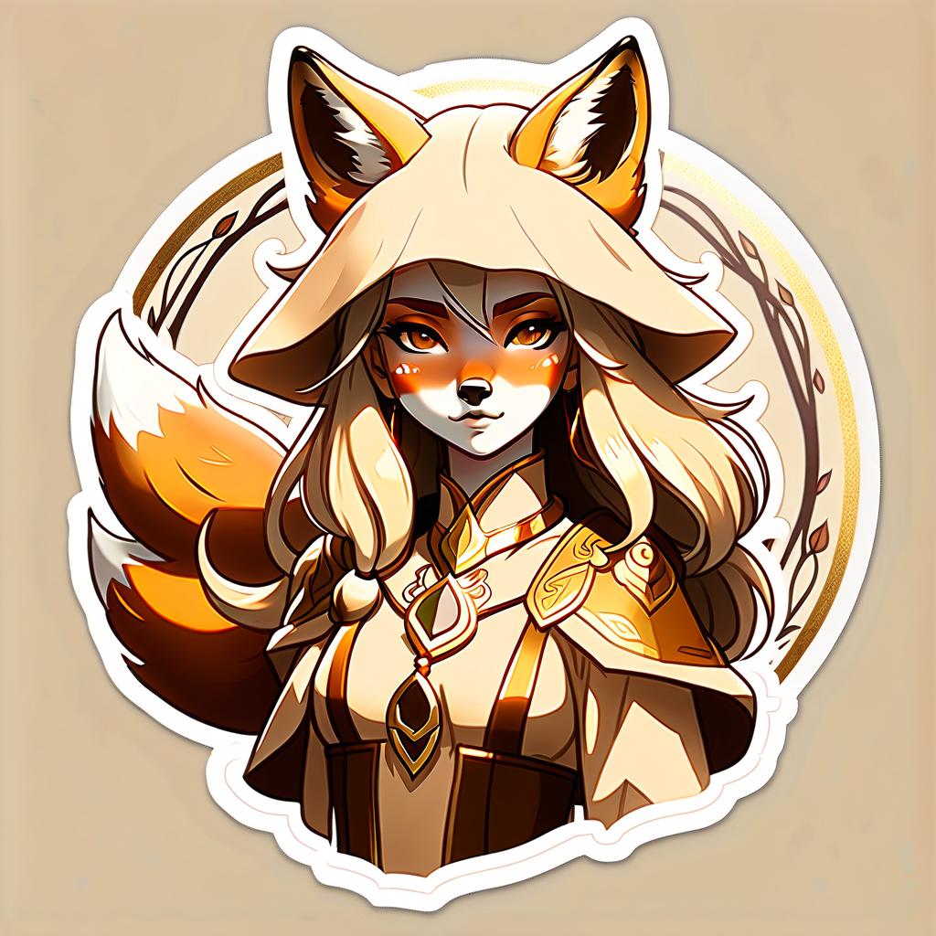  perfect world, druid, fox, girl, beige tones, gold, sticker