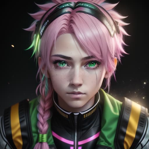  ((((masterpiece)))), best quality, very high resolution, ultra detailed, in frame, ager, ided hair, pink hair with yellow green tips, mole on both eyes, green eyes, bright, male uniform, , light, well lighted, unedited DSLR photography, sharp focus, Unreal Engine 5, Octane Render, Redshift, ((cinematic lighting)), f/1.4, ISO 200, 1/160s, 8K, RAW, unedited, in frame