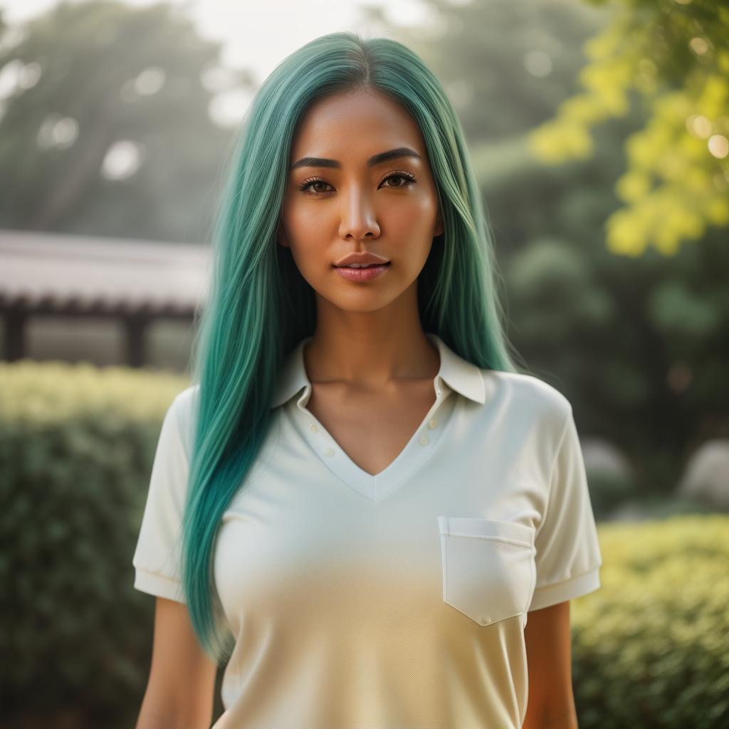  (((realistic full torso frontal head shot of a light tan skin tone woman))), aya sakura miyazaki, ((japanese heritage)), immature face, green eye color, ((long hair style)), ((blue hair color)), ((skinny body type)), small size, small size, (immature small straight nose), (immature high cheekbones), (immature soft jawline), (immature medium lips), (immature smooth forehead), (immature slight asymmetry), (immature arched eyebrows), standing straight looking directly into the camera,((wearing fitted polo shirt with deep v neck and monogrammed pocket)), backyard in background, 1girl, best quality, highest quality, award winning photo, masterpiece, raw, professional photography, photorealism, sharp focus, cinematic, high resolu hyperrealistic, full body, detailed clothing, highly detailed, cinematic lighting, stunningly beautiful, intricate, sharp focus, f/1. 8, 85mm, (centered image composition), (professionally color graded), ((bright soft diffused light)), volumetric fog, trending on instagram, trending on tumblr, HDR 4K, 8K