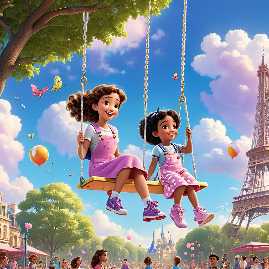  in 3d animated movie style. disney pixar style. "paris, a curious and kind in a pink dress with white polka dots, and luna, an energetic and outgoing old in purple overalls with a erfly shirt, play together at the playground. the lively scene in high resolution pixar 3d animation style captures the vint playground atmosphere, bustling with s on slides, swings, and in the sandbox under a clear blue sky with fluffy white clouds. bright, soft lights and vivid colors illuminate the mood, emphasizing the joyous interactions between paris and luna. shot from a slightly elevated bird's eye view in a 16:9 aspect ratio."