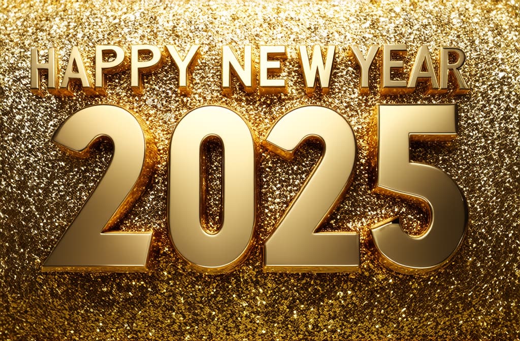  professional detailed photography, happy new year 2025 poster on golden background ar 3:2, (muted colors, dim colors, soothing tones), (vsco:0.3)