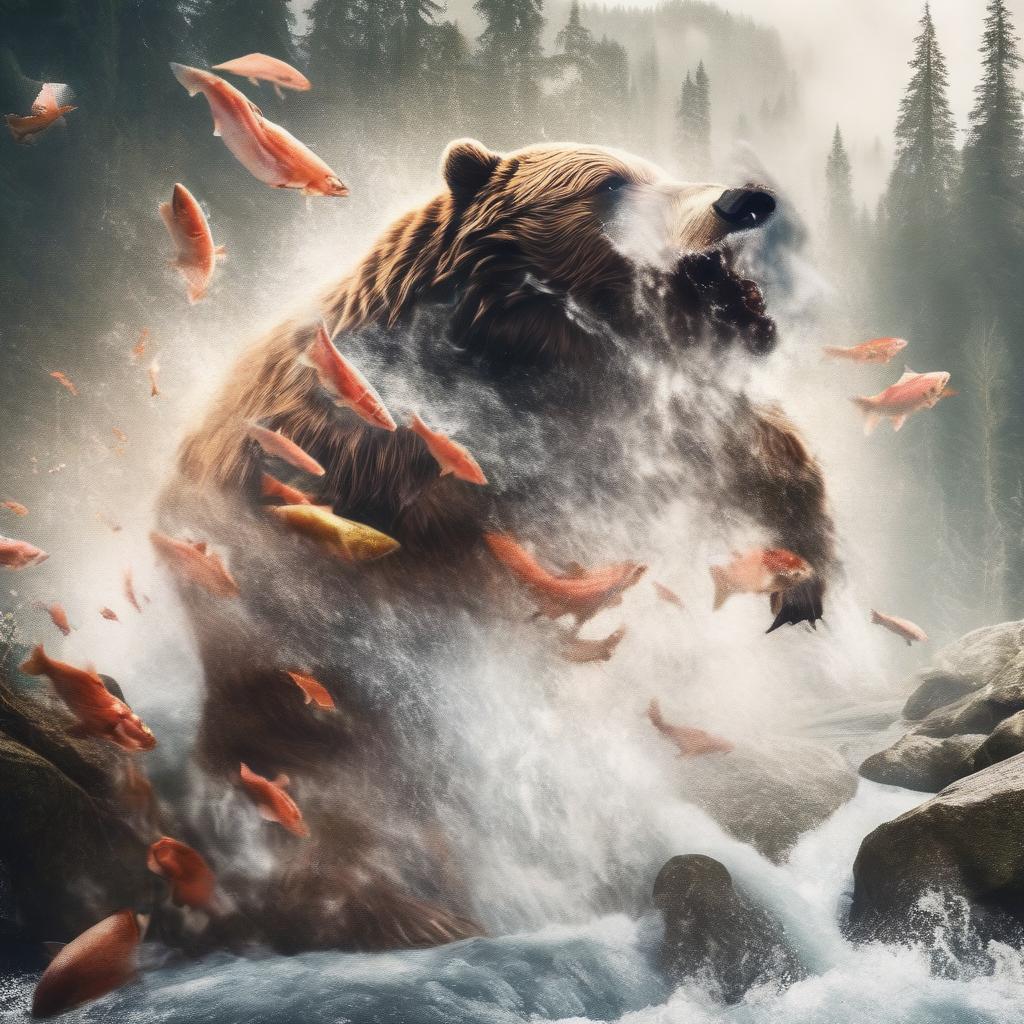  merged, jed dblexpsre effect, double exposure a close up silhouette of a bear's head, epic atmosphere with a river rapids with (((salmon swimming))) upstream and jumping from the water, forest backdrop byneuralartstudio, <lora:doubleexposure 000007:1>