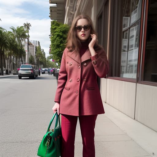  photo of a woman standing on a busy city street, where expensive cars are passing and passers by are hurrying somewhere. she has light brown hair and a fashionable hairstyle. the woman is dressed very stylishly, a woman in a burgundy coat, in wide dark gray trousers, a pink sweater, a women's bag made of embossed leather of dark green color, on her feet are dark red shoes, in her hand she holds a dark green bag made of expensive embossed leather, on her face are sunglasses. ultra realistic, hi res, hi quality, faded , vintage , nostalgic , by jose villa , elizabeth messina , ryan brenizer , jonas peterson , jasmine star