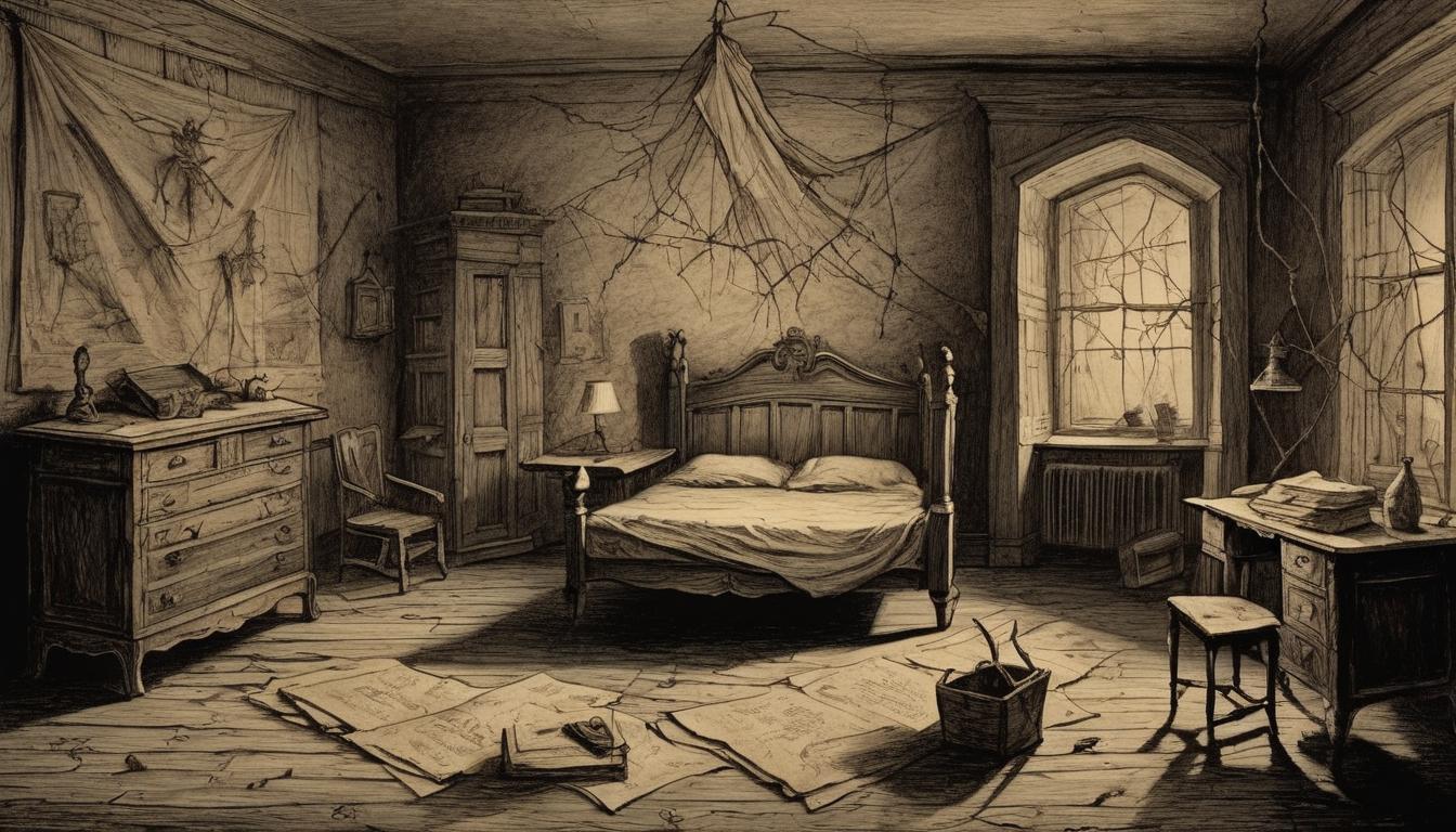  on parchment, surrealism++, dimly lit, cluttered room with shadows creeping from corners, old wooden furniture, cobwebs hanging, stagnation, neglect, decay(mysterious, provocative, symbolic)++