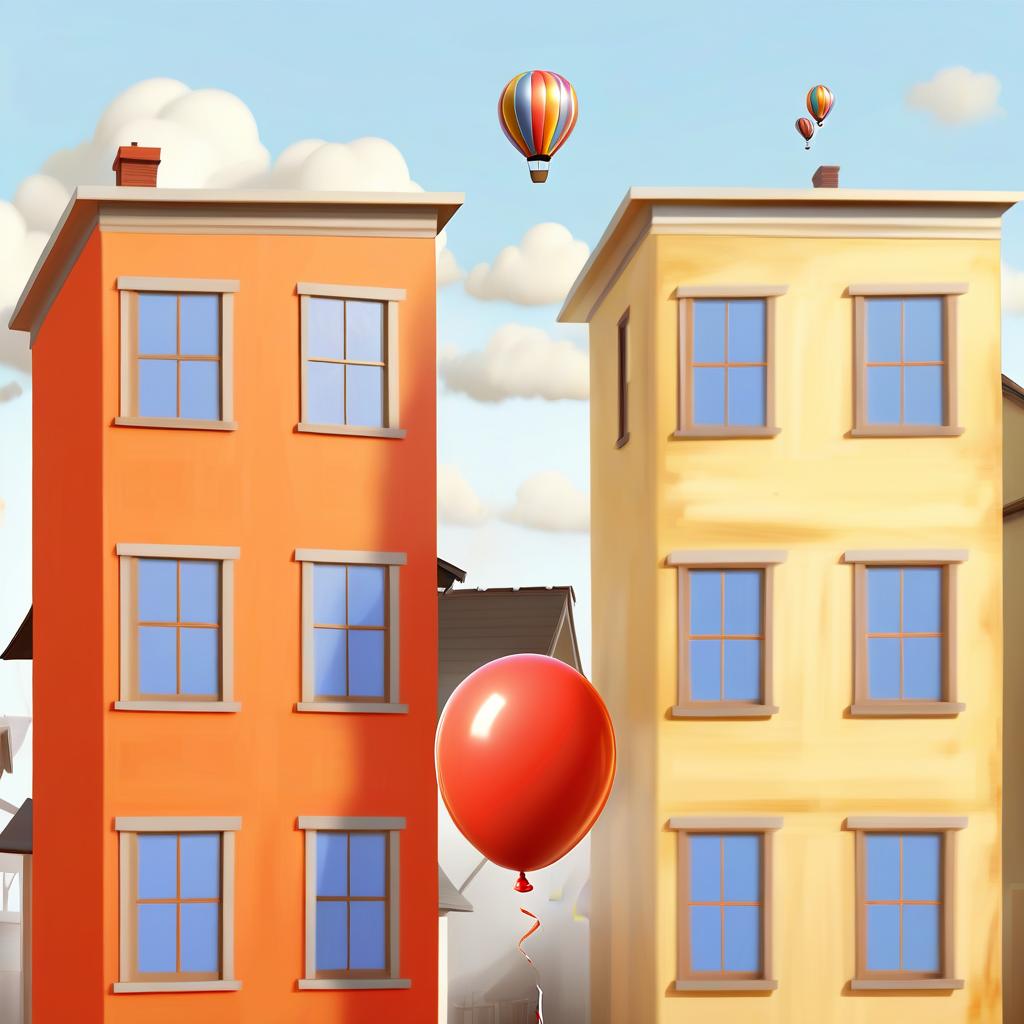  concept art balloon flying through two houses . digital artwork, illustrative, painterly, matte painting, highly detailed