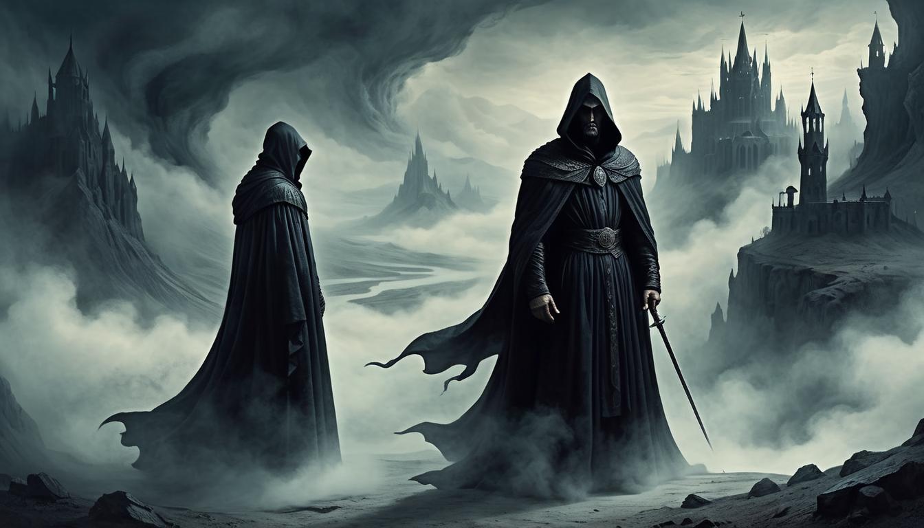  on parchment, surrealism+++, an imposing figure standing tall, dark robes flowing, hood shadowing the face, ominous aura, backdrop of swirling mist and shadowy terrain, mood of inevitability(mysterious, provocative, symbolic,muted color)+++