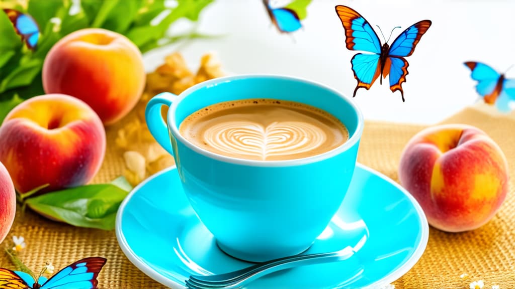  cup of coffee on a saucer, peaches and flowers nearby, blue cookies, butterflies circling around, photorealistic picture, shutterstock, romanticism, turquoise with orange details, macaron, anna nikonova aka newmilky, cappuccino, cottagecore, landscape photo, beutiful ar 16:9 {prompt}, maximum details