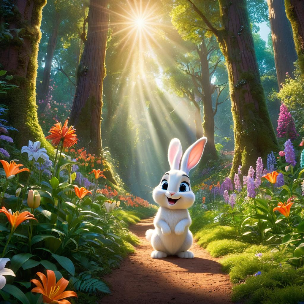  in 3d animated movie style. disney pixar style. lily, a 4 old , adventuring in vint forest with white rabbit and sammy. towering trees, colorful flowers, dappled sunlight in magical atmosphere. high resolution pixar 3d style, rich greens, blooming hues, warm sunlight. low angle view captures awe in lily's expression on forest path with companions, hinting at forthcoming adventures.