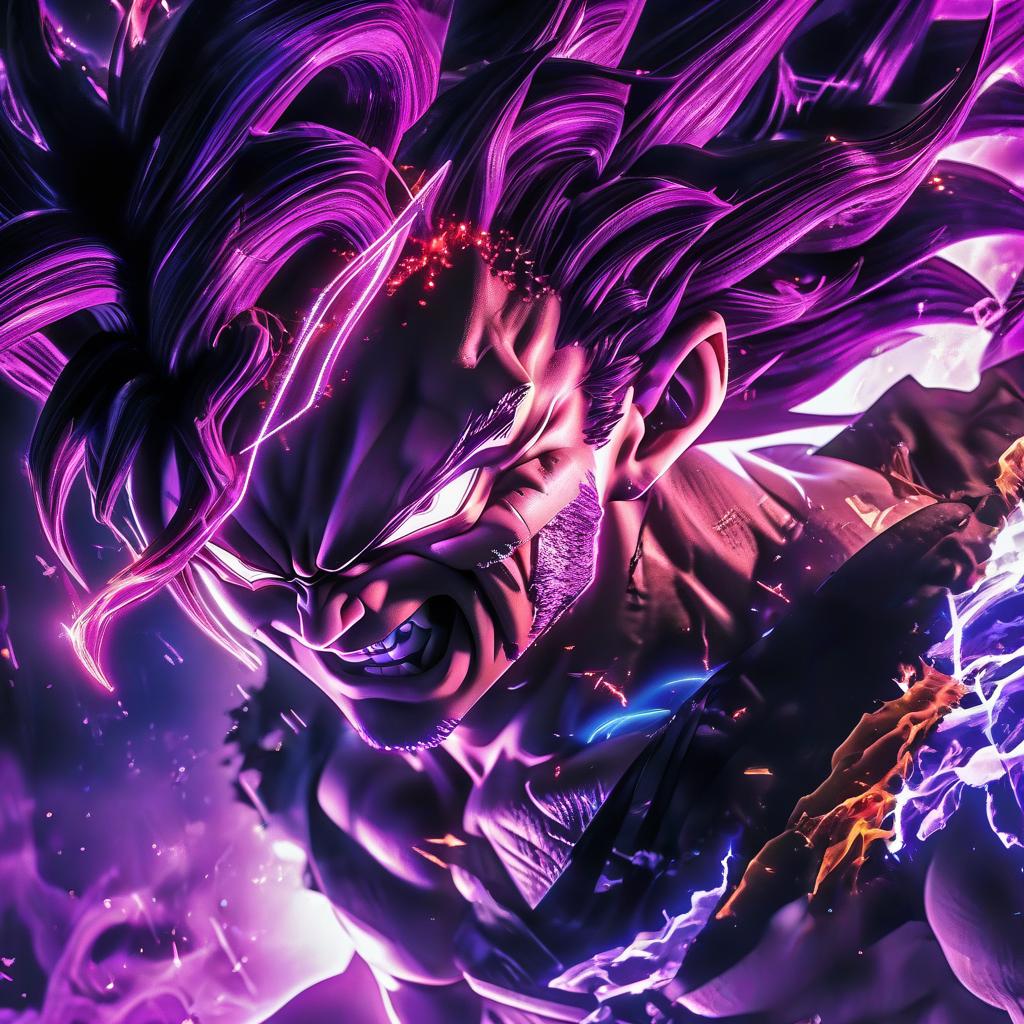  a close up of a person on a purple background, gogeta, dark nature background, super scale rendered, by ryūsei kishida, black crown, epic lighting, big bad, red aura, dark artslabcoats, character is standing, very clean art, very clear image, glowneon, hkmagic