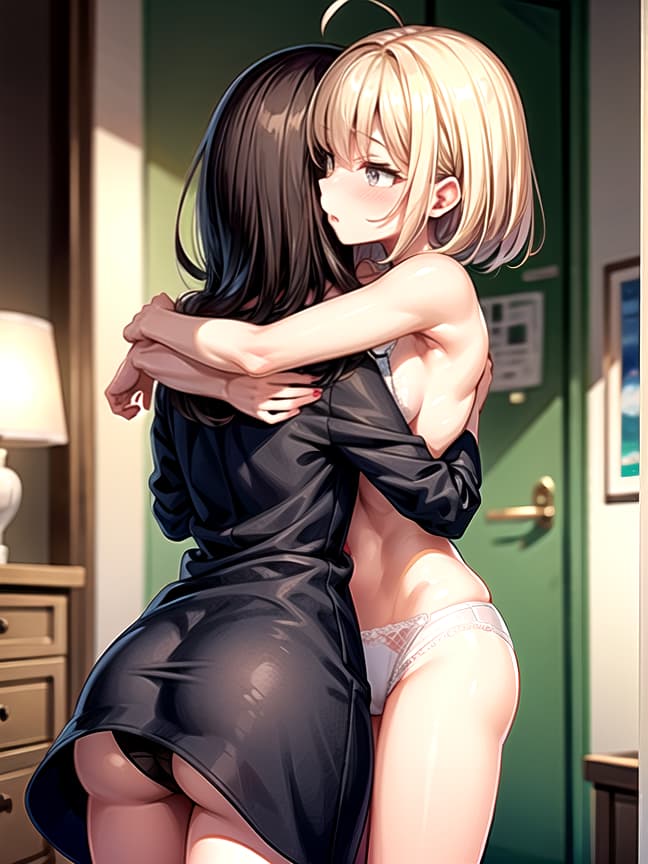  2 women, older, small chest, hugging behind, spanked, rear view, standing, indoors, dim lighting, (anime:1.25)