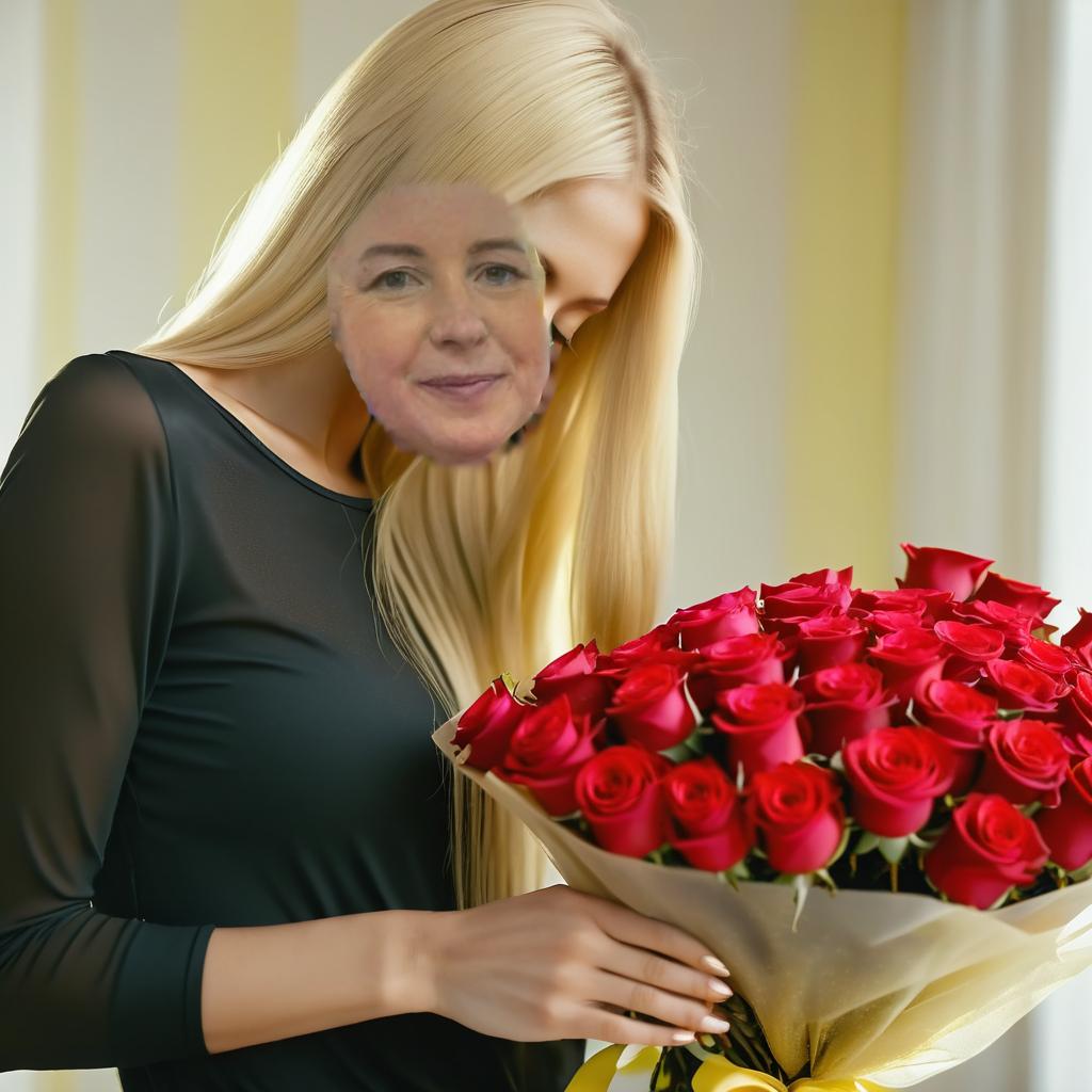  (very long fair hair), blondy hair, dressed in (closed yellow women's top) ; maximum detail, maximum quality, specular view, shallow depth of field, smooth, cinematic film still, (bright light morning background ), bouquet of roses in hands, ((don't change face))