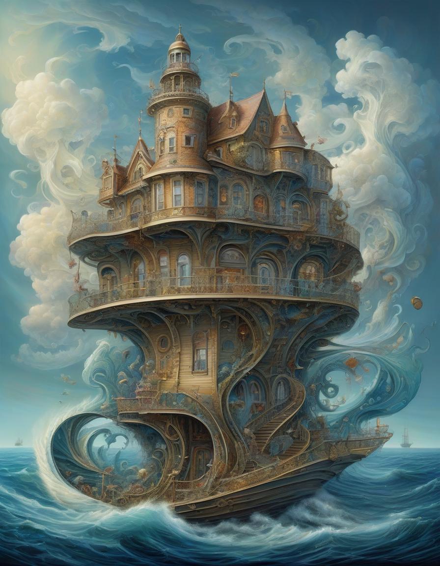  nautical themed fancy fabulous curve multi storey wavy house, painting in the artistic style of tomasz setowski . sea, ocean, ships, maritime, beach, marine life, highly detailed