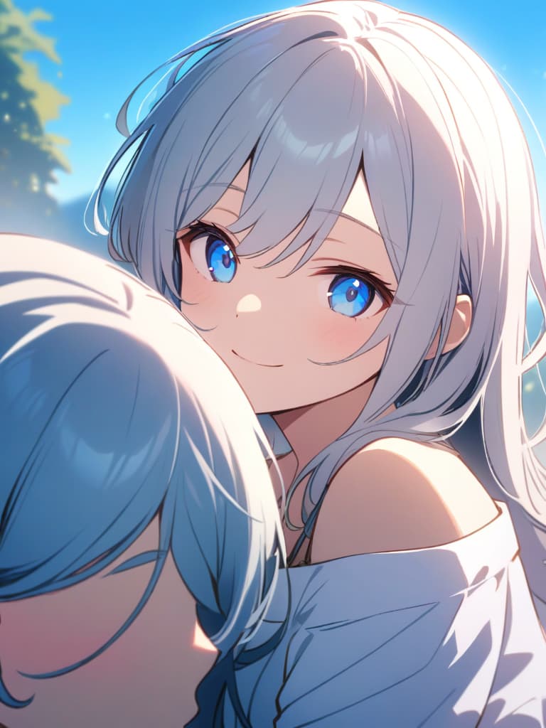  ((white hair,beautiful ,long hair,beautiful,blue eyes,smiling,cute,cute smile,refreshing,blue sky background,white ,smiling))、ultra detailed,best shadow,cute and beautiful face,(masterpiece:1.2),(best quality:1.2),detailed background,high contrast,(best illumination,an extremely delicate and beautiful),((cinematic light)),hyper detail,dramatic light,intricate details,8k,anime,very aesthetic