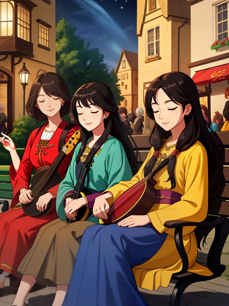  mature woman,long hair,bards,dress,fantasy,town,bright atmosphere,sit on a bench,lively,holding the lute,singing,eyes closed,calm expression,spectators all around,evening