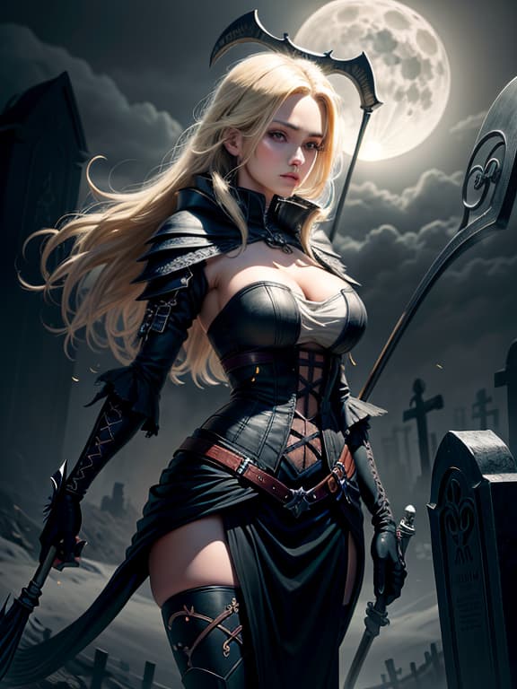  master piece, best quality, ultra detailed, highres, 4k.8k, beautiful blonde female, holding a scythe, standing confidently, serene, break a reaper's beauty, graveyard, tombstones, full moon, mist, break eerie and mysterious, subtle glow around the figure, moonlight casting soft shadows,