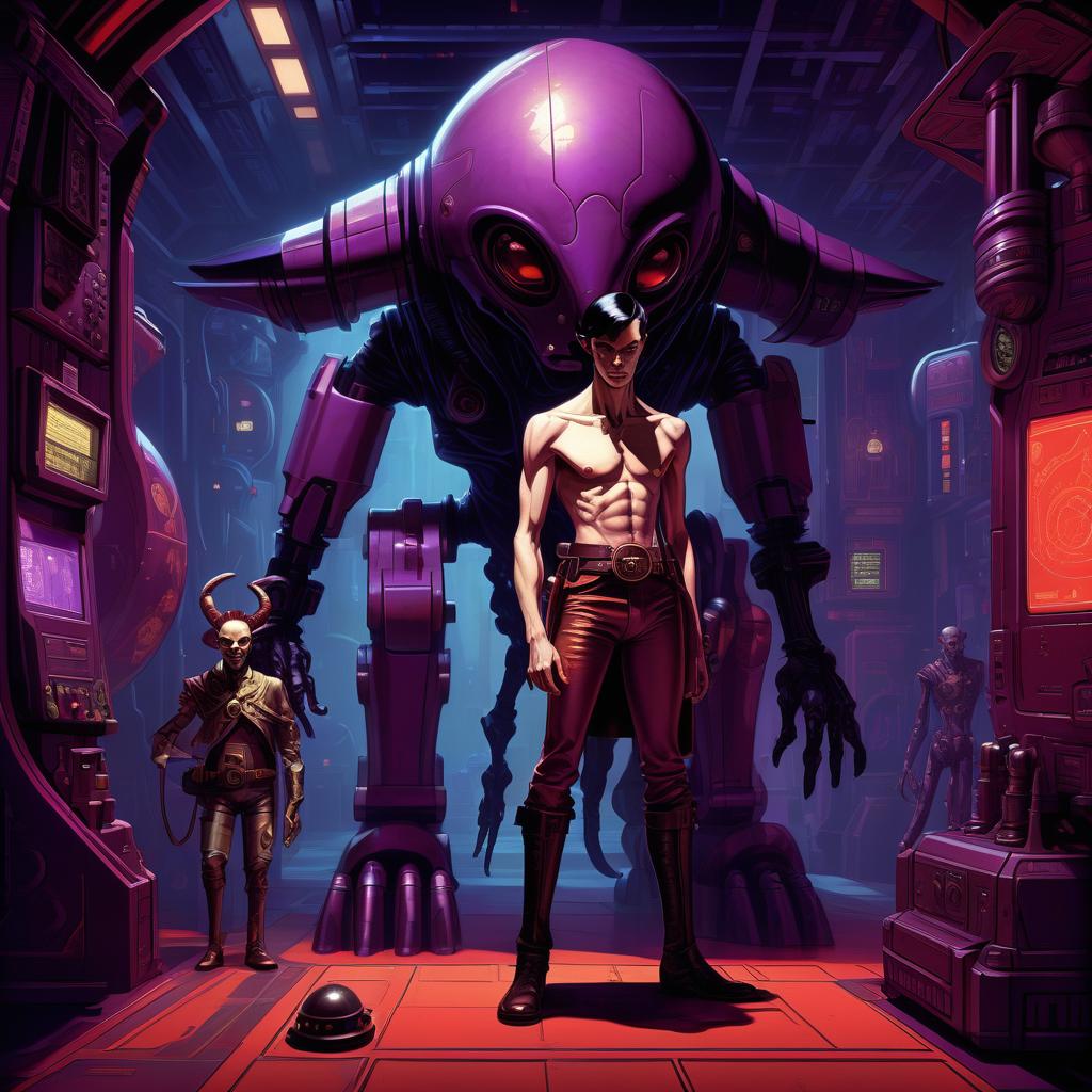  retro game art a group of smugglers, a young with purple skin of an alien appearance, 20 year, small , elegant thin waist, long slender legs, black hair. a man with a , 40 year, small growth, bald, black. next to the droid and minotaur. full length image, steampunk, dieselpunk, paropunk, standing in a space tavern, against a background of red light. . 16 bit, vint colors, pixelated, nostalgic, charming, fun