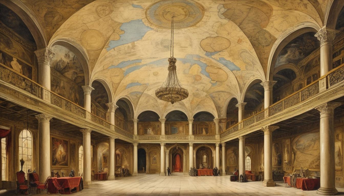  on parchment, surrealism++, grand, opulent hall with high ceilings, walls adorned with illuminated maps, expansive, radiant, majestic(mysterious, provocative, symbolic)++