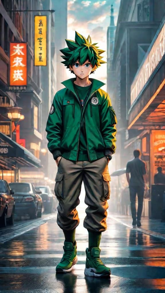  anime art: deku evolves with inherited quirks from predecessors in one for all legacy. hyperrealistic, full body, detailed clothing, highly detailed, cinematic lighting, stunningly beautiful, intricate, sharp focus, f/1. 8, 85mm, (centered image composition), (professionally color graded), ((bright soft diffused light)), volumetric fog, trending on instagram, trending on tumblr, HDR 4K, 8K