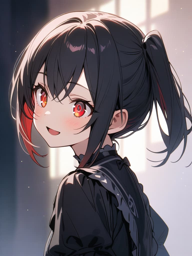  ultra detailed:1.2,masterpiece:1.2,best quality,masterpiece,bestquality,hdr:1.1,8k:1.1,very cute girl:1.3,((black hair,half up,long hair:1.5)),(short twintail:1.5),(red eyes,almond eyes:1.8),(cute smile:1.7),(harf open mouth:1.4),(upper body,from side:1.2)face focus:0.7,(black gothic lolita:1.6),looking away