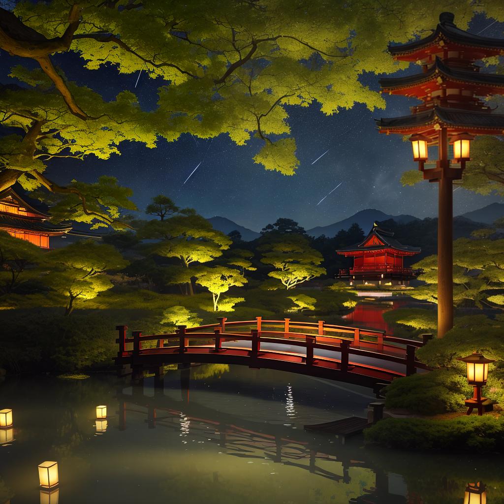  masterpiece, best quality,(fidelity: 1.4), best quality, masterpiece, ultra-high resolution, 8k resolution, night scene inspired by Japanese art, garden illuminated by paper lanterns and wooden bridge spanning a tranquil lake, there is a small Zen temple by the lake. The water reflects the stars.