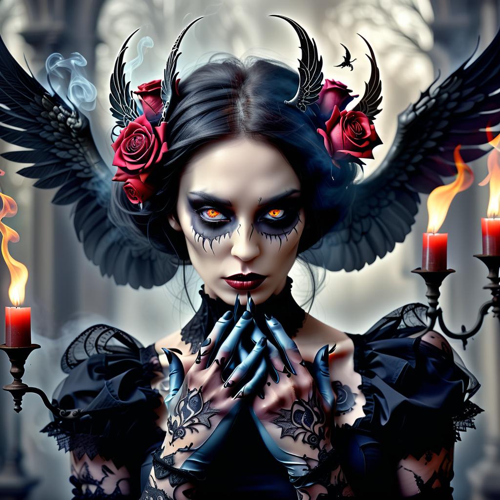  macabre style dark fantasy, horror. surrealism is grotesque, a gothic vamp girl with wings, an emphasis on eyes and lips. fractal background fire, hands, gloves, roses, smoke, body art style, high quality details, best quality,cool2 8k,ultra hd . dark, gothic, grim, haunting, highly detailed, perfecteyes, hkmagic