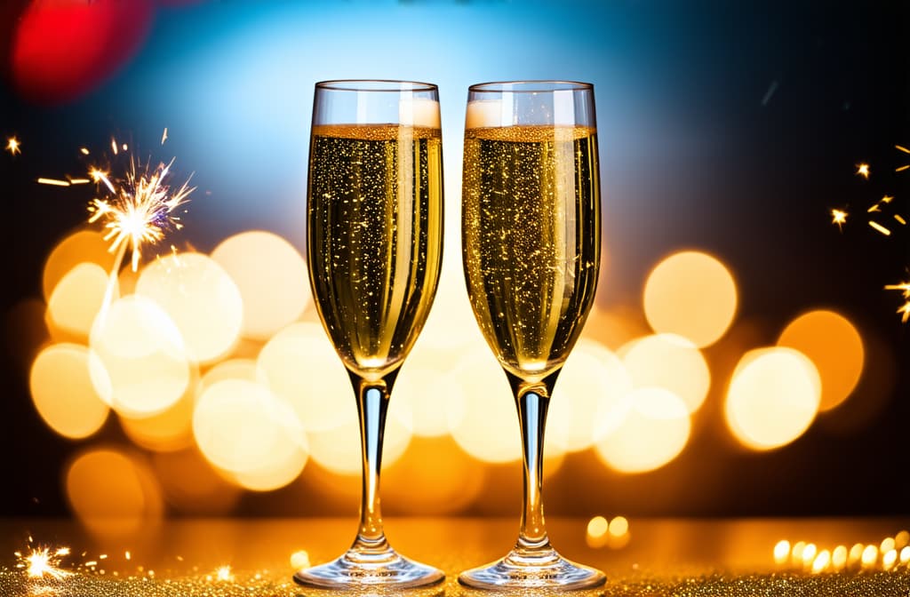  professional detailed photography, two glasses of champagne against a beautiful bokeh background, clinking glasses, sparklers, glitter, realistic holiday atmosphere ar 3:2, (muted colors, dim colors, soothing tones), (vsco:0.3)