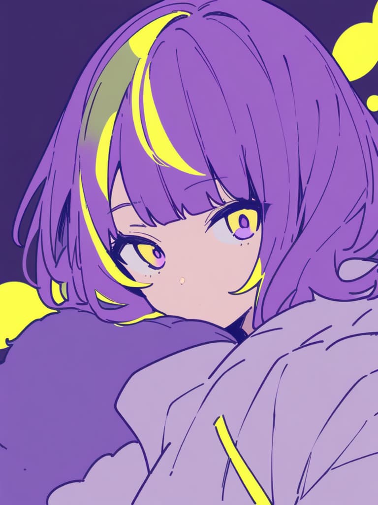  masterpiece,{((grunge splats)),((flat color))},solo male,purple hair,(((shaggy bangs deeply covered:1.2))),(((limited two tone purple and yellow))),high quality