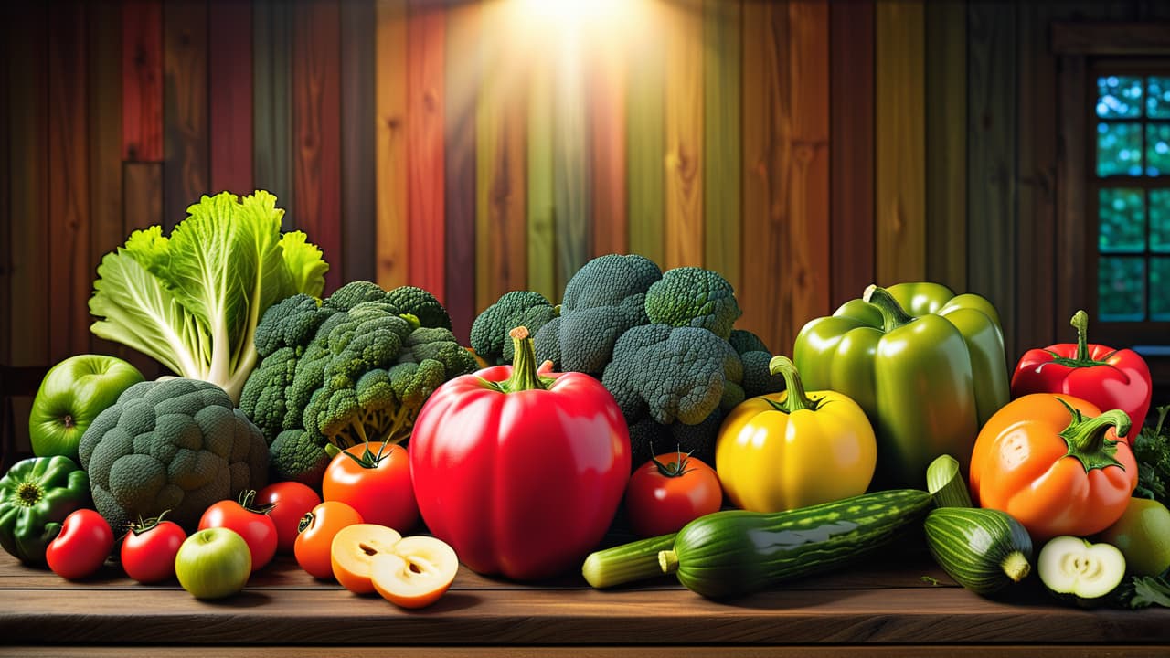  a vibrant display of colorful raw fruits and vegetables, arranged artfully on a wooden table, with a scale and measuring tape subtly placed in the background, symbolizing health and weight management. hyperrealistic, full body, detailed clothing, highly detailed, cinematic lighting, stunningly beautiful, intricate, sharp focus, f/1. 8, 85mm, (centered image composition), (professionally color graded), ((bright soft diffused light)), volumetric fog, trending on instagram, trending on tumblr, HDR 4K, 8K