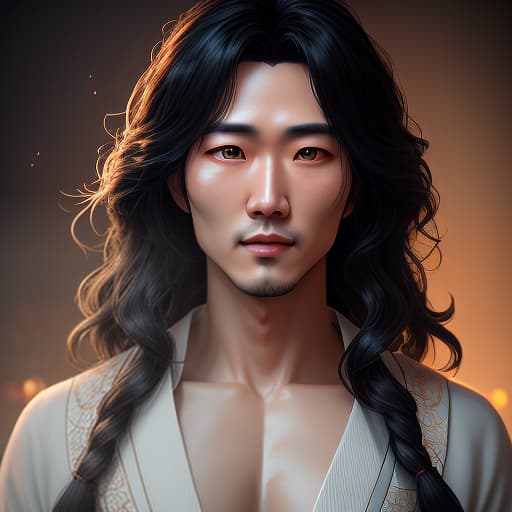  a young japanese man with wavy hair down to his shoulders, with sharp features. traditional japanese clothing, (extremely detailed oil painting:1.2), glow effects, godrays, hand drawn, render, 8k, octane render, cinema 4d, blender, dark, atmospheric 4k ultra detailed, cinematic sensual, sharp focus, humorous illustration, big depth of field, masterpiece, colors, 3d octane render, 4k, concept art, trending on artstation, hyperrealistic, vivid colors, extremely detailed cg unity 8k wallpaper, trending on artstation, trending on cgsociety, intricate, high detail, dramatic hyperrealistic, full body, detailed clothing, highly detailed, cinematic lighting, stunningly beautiful, intricate, sharp focus, f/1. 8, 85mm, (centered image composition), (professionally color graded), ((bright soft diffused light)), volumetric fog, trending on instagram, trending on tumblr, HDR 4K, 8K