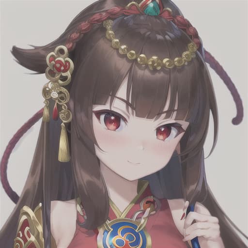  master piece , best quality,brown hair, red eyes, dragon god, beautiful sister, gorgeous oiran, shy face