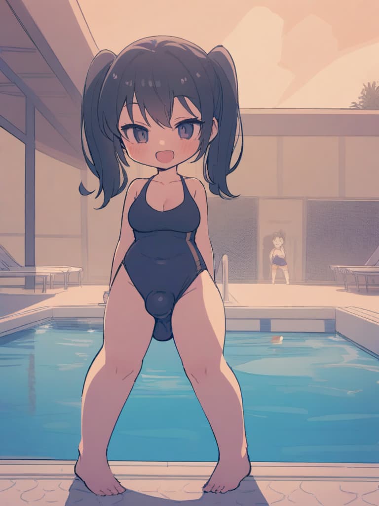  women's elementary students (male), twin tails, cute smiles, (rich s), short stature, dark blue swimwear, old swimwear, swimwear, simple, (bulging), upward, (bulge), front, whole body, pool side, pool side. ,,,