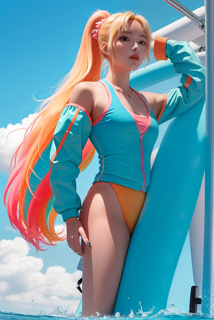  masterpiece, best quality, the image features a standing on a large inflatable water structure in an outdoor setting. she has blonde hair, either tied back or naturally flowing, and is wearing a colorful, sporty one piece . the features a vint combination of teal, pink, and orange, adding to the lively atmosphere. the girl appears to be in the process of climbing or balancing on the inflatable, holding onto black handles on the structure's glossy blue surface. the inflatable is part of a larger water obstacle or play area, likely situated in a lake or pond. the image features a with blonde hair, wearing a colorful one piece . the is a striking combination of teal, pink, and ora