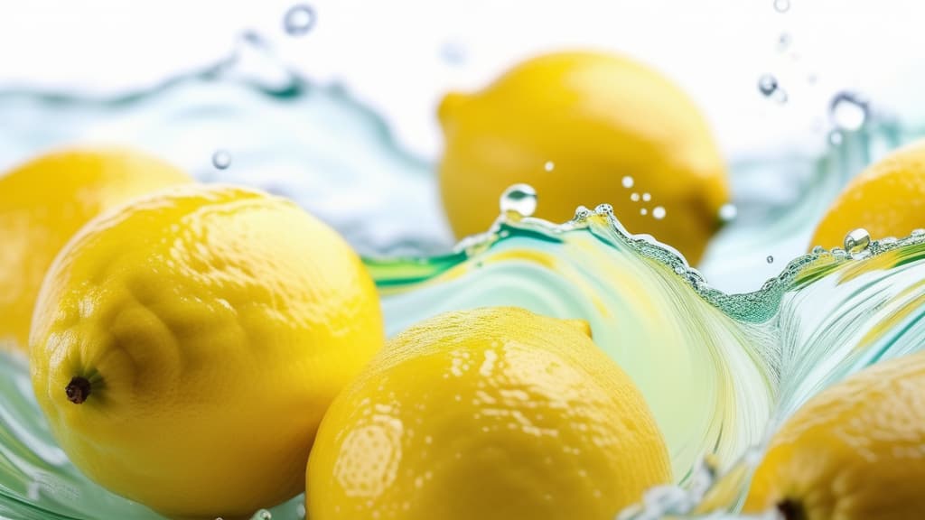  Abstract flowing waves with beautiful lemons on white background with bokeh ar 16:9 high quality, detailed intricate insanely detailed, flattering light, RAW photo, photography, photorealistic, ultra detailed, depth of field, 8k resolution , detailed background, f1.4, sharpened focus