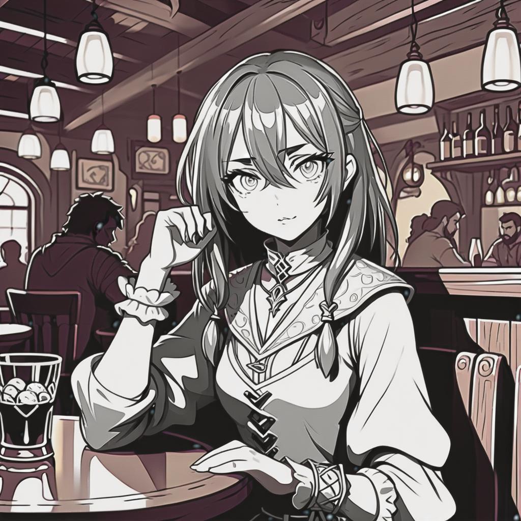  line art drawing stranger girl in tavern, dnd, same nightmare. anime style . professional, sleek, modern, minimalist, graphic, line art, vector graphics