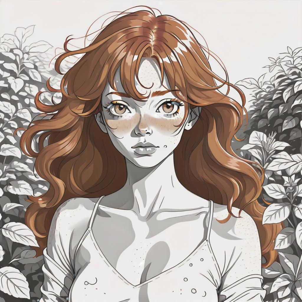  line art drawing incredibly beautiful ginger haired woman, suntanned, with freckles. wavy hair, raw photo, in the garden, same nightmare. anime style . professional, sleek, modern, minimalist, graphic, line art, vector graphics