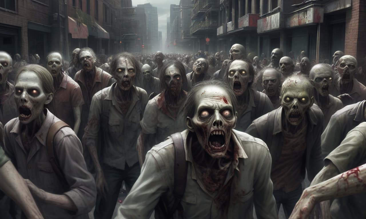  image view: cover for youtube object: landscape with zombies description of appearance: in the foreground is a group of zombies moving slowly toward the camera. their faces and hands are distorted, creating a sense of threat. additional elements: in the background destroyed buildings, covered with graffiti and overgrown with vegetation. empty streets, abandoned cars. place: a post apocalyptic city full of chaos. effect: the effect of blurring in motion for zombies to emphasize their movement. light shadows and light to create contrast. dark and dark, with an emphasis on the atmosphere of survival horror. the color palette is cold and dull shades.