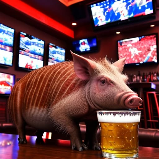  Razorback boar at a sports bar drinking a large glass of beer and watching football on TV