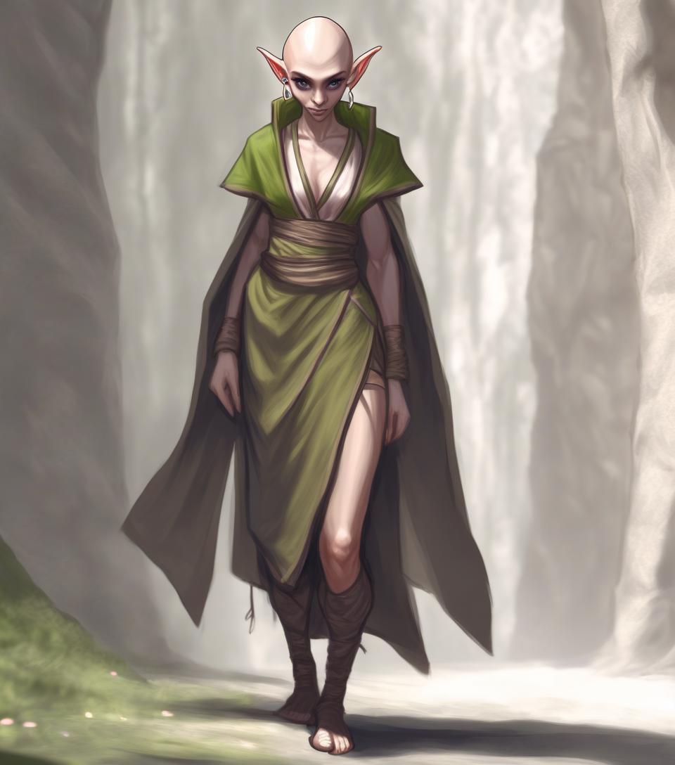  dnd fantasy drawing humanoid elf girl monk blind bald full length