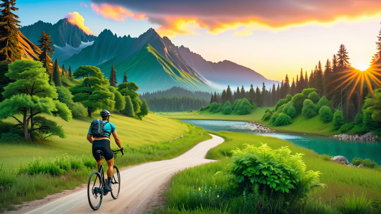  a scenic mountain trail with a cyclist navigating rocky terrain, surrounded by lush green trees and distant peaks, contrasted with a runner on a smooth path along a serene lake, showcasing diverse fitness landscapes. hyperrealistic, full body, detailed clothing, highly detailed, cinematic lighting, stunningly beautiful, intricate, sharp focus, f/1. 8, 85mm, (centered image composition), (professionally color graded), ((bright soft diffused light)), volumetric fog, trending on instagram, trending on tumblr, HDR 4K, 8K