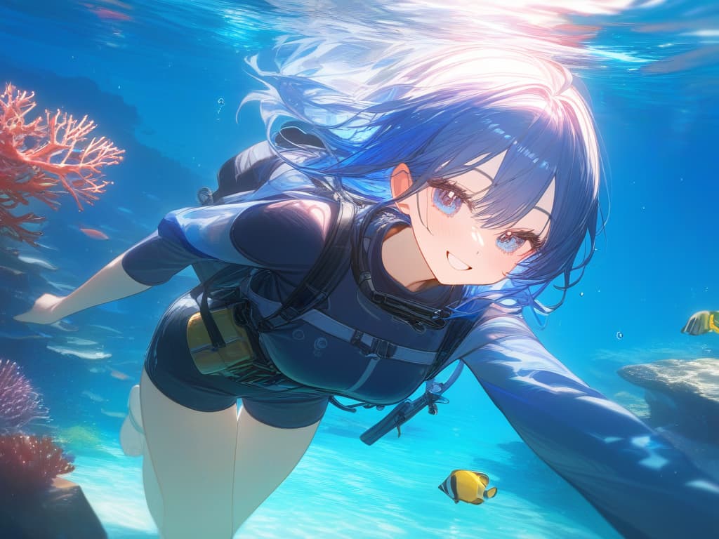  in the sea, scuba, fantastic, blue haired shortcut girls, cute, girls, smiles, tropical fish, coral, sunlight, masterpiece, best quality,8k,ultra detailed,high resolution,an extremely delicate and beautiful,hyper detail