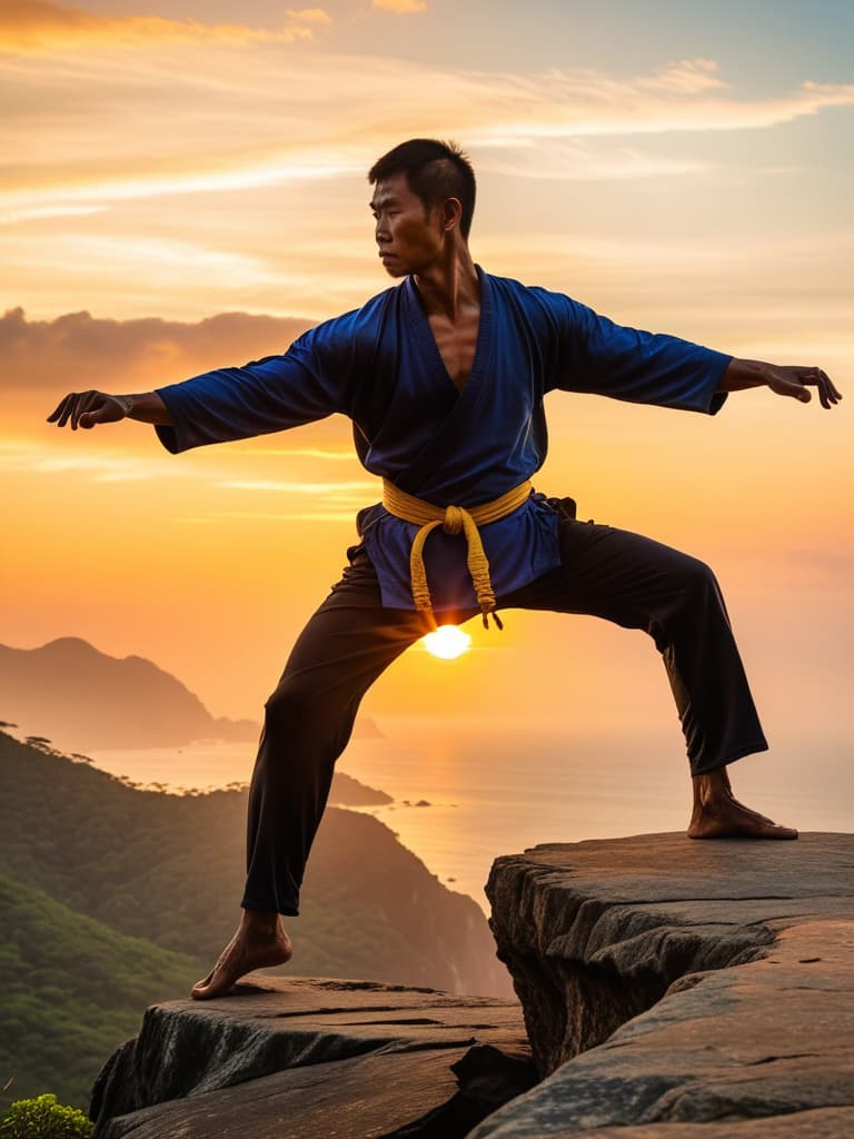  Close up of the silhouette of a man doing Thai Chi on a cliff overlooking the ocean with a sunrise in the background. RAW, realistic