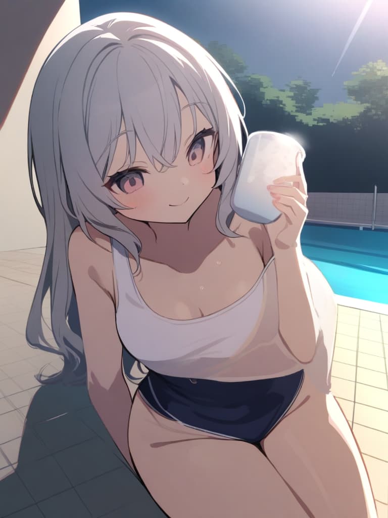  women's elementary student, navy blue swimwear, old swimwear, swimwear, swimwear, simple, male , shaped clear , shaped clear, clear phimosis, shaped clear, up faced, glans upward, glans upward, , front, cute smile, twin tail, fun milk, whole body, poolside,