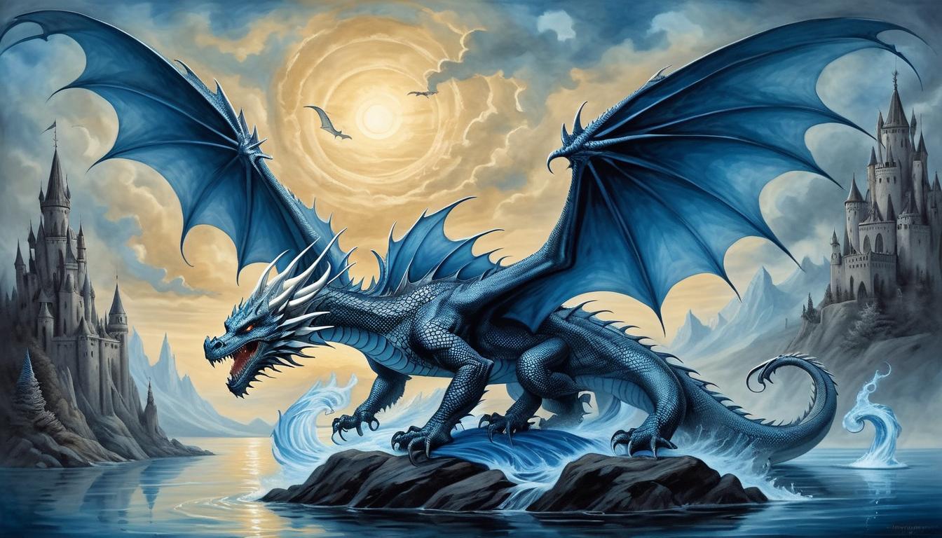  on parchment, surrealism+++, dragon with scales of blue and silver, emerging from water, majestic wings, sky illuminated by setting sun(mysterious, provocative, symbolic,muted color)+++