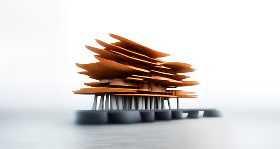 mdjrny-v4 style architecture, high quality, exterior perspective, 10 story mixed wood and steel office building, building is floating at sea, frank o'gehry, rain