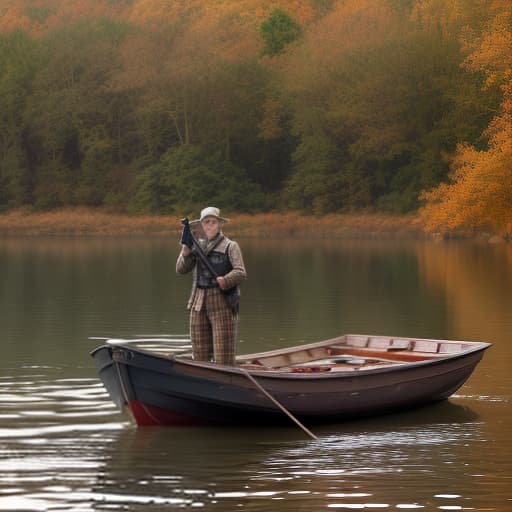  autumn lake boat hunter with a gun dressed in british style