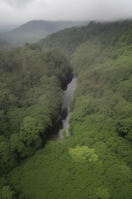  this image is a high resolution photograph capturing a vivid aerial view of a lush, forested landscape. the central subject is a bright yellow airplane, likely a small, single engine plane, flying from the bottom left to the top right of the frame. the plane is in clear view, with its wings and fuselage distinct against the dense greenery below. the forest is dense with a variety of trees, their leaves ranging from dark green to light green, creating a rich tapestry of textures and shades. surrounding the plane, the forest is enveloped by a layer of mist or low lying clouds, adding a sense of depth and mystery to the scene. the mist is predominantly white with subtle hints of pink and orange, suggesting either the early morning or late afte